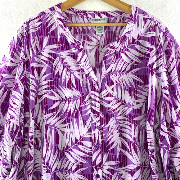Catherines Womens Button Up Tunic Blouse‎ Sz 2X Purple Tropical Beachy Travel - Picture 3 of 13